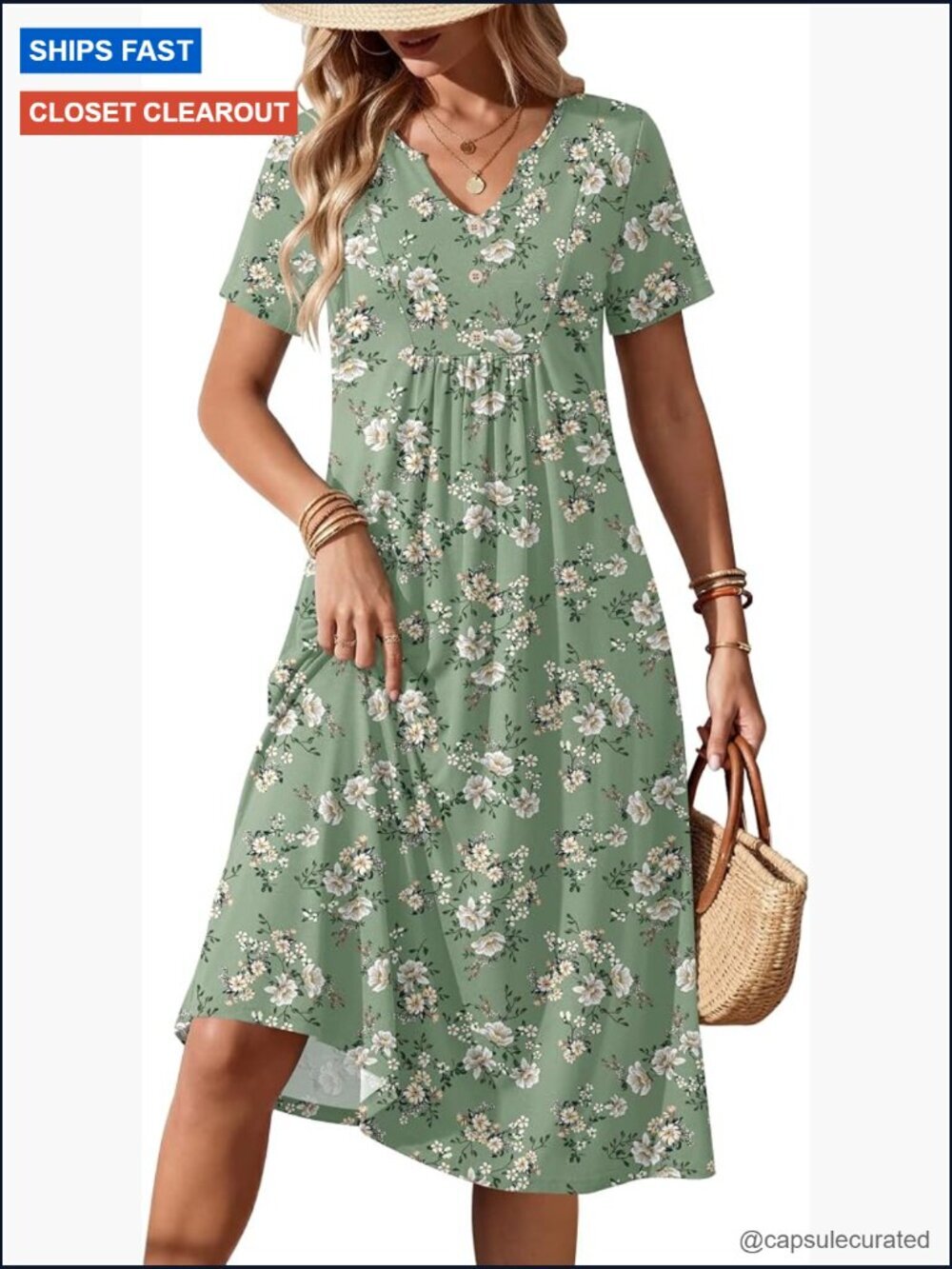 Casual Short Sleeve Midi Dress with Pockets V Neck Flowy A Line Summer T Shirt